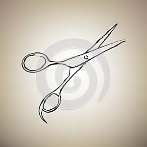 Hair cutting scissors sign. Vector. Brush drawed black icon at l