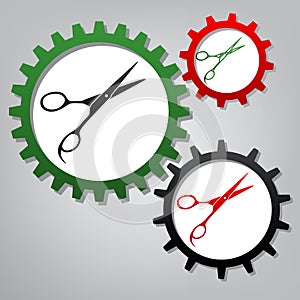 Hair cutting scissors sign. Vector. Three connected gears with i