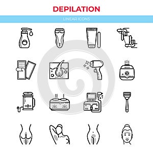 Hair depilation, laser hair removal. Linear icons