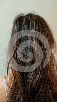 Hair distress Asian woman shows damaged, split ends, and unbrushed hair