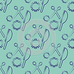 Hair dressing tools vector seamless pattern. Infographic backdrop scribbled sketch with scissors, brush and coronavirus