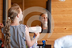 Hair dryer beautiful woman mirror young home using beauty person, concept blow smiling for hairdo and warm hairdresser