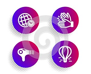 Hair dryer, Clapping hands and Time zone icons set. Air balloon sign. Hairdryer, Clap, World clock. Vector