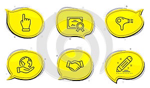 Hair dryer, Employees handshake and Brand contract icons set. Click hand sign. Vector