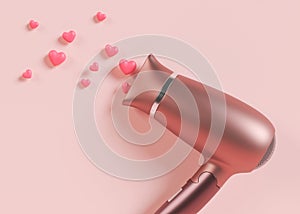 Hair dryer on pink background with hearts. Professional hair style tool. Realistic hairdryer for hairdresser salon or