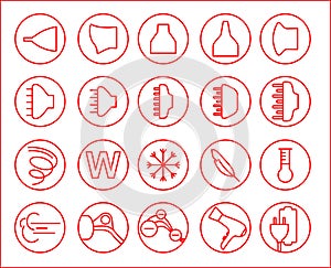 Hair dryer properties icons. Thine line icon set