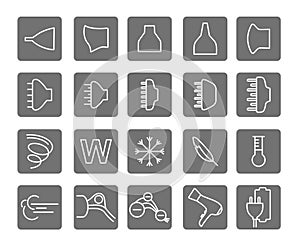 Hair dryer properties icons. Thine line icon set