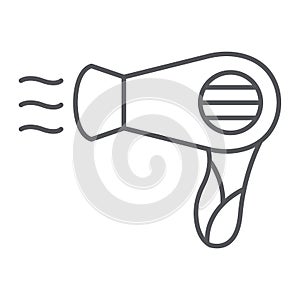 Hair dryer thin line icon, barber and appliance, blowdryer sign, vector graphics, a linear pattern on a white background