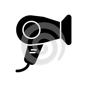 Hair dryer vector icon. Black hotel room hair dryer illustration on white background. Solid linear hair dressing icon.