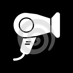 Hair dryer vector icon. White hotel room hair dryer illustration on black background. Solid linear hair dressing icon.