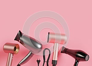 Hair dryers on pink background with copy space. Empty space for your text, advertising. Professional hair style tools
