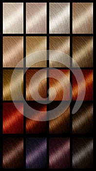 Hair dye shades. Hair color palette with a wide range of swatches showing color swatches arranged in neat rows on a postcard.