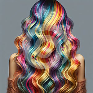 Hair dyed in a tie dye pattern, with bold splashes of color th