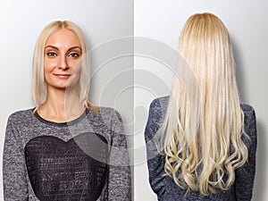 Hair extensions procedure. Hair before and after. photo