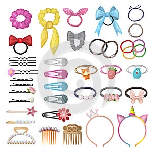 Hair grooming. Girlish plastic accessories clips rubber bands pins recent vector illustrations set isolated