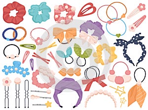 Hair grooming scrunchies accessories and decoration, hairband an bow isolated female beauty set