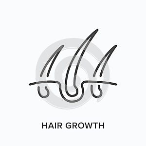 Hair growth flat line icon. Vector outline illustration of skin and shaft. Black thin linear pictogram for dermatology