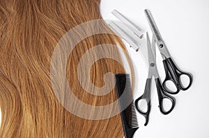 Hair and hairdresser items scissors, comb, clipper on a white background