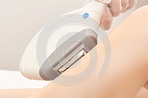 Hair laser removal service. IPL cosmetology device. Professional apparatus. Woman soft skin care