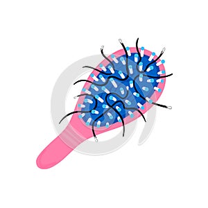 Hair loss. Alopecia. Consequences of improper care. Comb with bunch of fallen hairs. Scalp disease. Hair brush