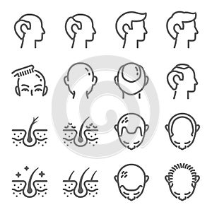 Hair loss icon illustration vector set. Contains such icons as Alopecia, bald, baldness, hair, hairless, loss, scalp, and more. Ex