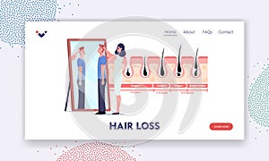 Hair Loss Landing Page Template. Doctor and Patient at Mirror and Medicine Infographics Representing Hair Growth