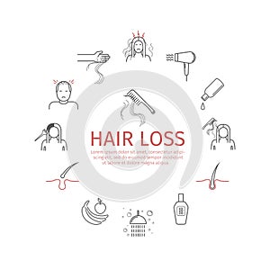 Hair Loss. Line icons set. Vector signs.