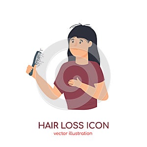 Hair loss problem icon. Female suffer alopecia, balding process. Vector illustration for haircare treatment shampoo ad