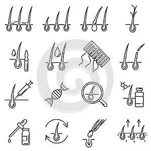 Hair loss problem and ways of treatment line icon set. Hair repair for alopecia, dandruff, growth, transplantation