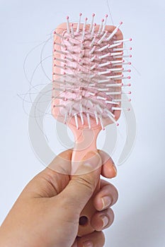 Hair loss problems with hand holding a pink hairbrush on white background. Falling black hair clinging to the comb