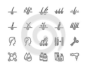 Hair loss treatment flat line icons set. Shampoo ph, dandruff, hair growth, keratin, conditioner bottle vector