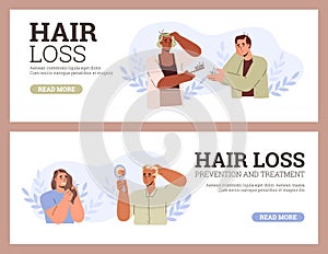 Hair loss web banners set with set balding people, flat vector illustration.
