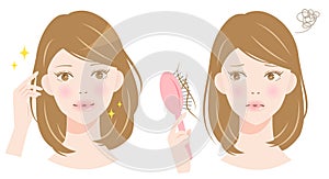 Hair loss women before after illustration. hair care and beauty concept