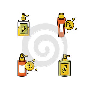 Hair oils RGB color icons set. Antistatic sprayer in bottle. B5 panthenol ointment. B7 biotic cosmetic product. Liquid