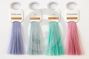 Hair palette dyed different colors. Hairstyle wig tints set for beauty industry