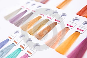 Hair palette dyed different colors. Hairstyle wig tints set for beauty industry