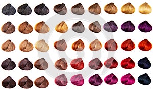 Hair palette dyed different colors. Hairstyle wig tints set for beauty industry. Isolated background