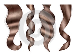 Hair realistic. Luxury blonde and brown lush hairs highlights decent vector curly templates set