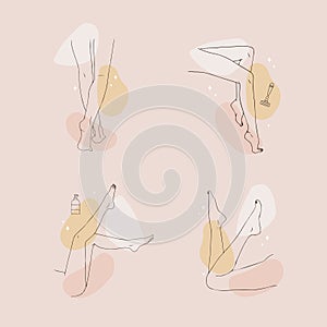 Hair removal. Linear female smooth legs. Woman body care. Vector Illustration of elegant feet in a trendy minimalist