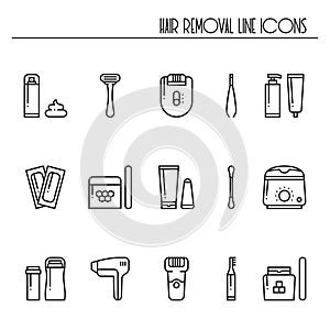 Hair removal methods line icons set. Shaving shugaring laser waxing epilation depilation tweezing. photo