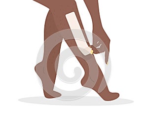 Hair removal. Wax strips epilation. Perfect smooth african female legs. Vector illustration in flat cartoon style. Skin