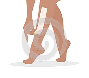 Hair removal. Wax strips epilation. Perfect smooth female legs. Vector illustration in flat cartoon style. Skin care