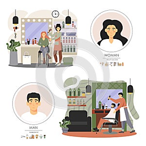 Hair salon and barber shop composition set with characters, flat vector illustration