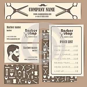 Hair salon barber shop vintage business cards and prices design template set