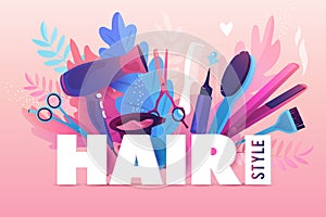 Hair Salon. Colorful hairdresser decorative illustration with beauty haircut accessories and equipment with big white letters.