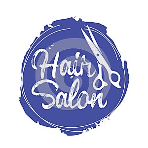 Hair Salon Emblem with Scissors in Grunge Blue Circle, Beauty Service Icon or Logo, Isolated Label for Barbershop