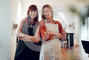 Hair salon, friends and portrait of happy hairdressers standing in their small business together. Happiness, smile and