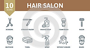 Hair Salon icon set. Collection contain scissors, straight razor, foam brush, mustache and over icons. Hair Salon elements set