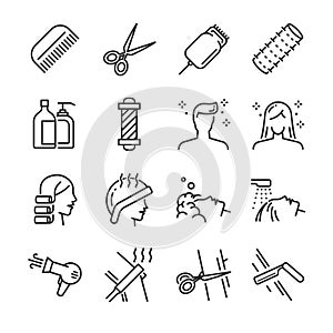 Hair salon icon set. Included the icons as hair cut, cleaning, barber, hair dryer, clipper, hair curler and more.