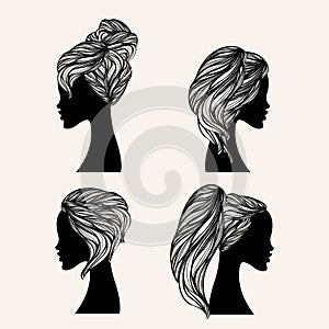 Hair salon illustration set. Beautiful woman with long, wavy hairstyle.